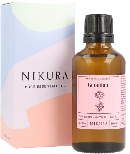 Nikura Geranium (Bourbon) Essential Oil - 50ml | 100% Pure Natural Oils | Perfect for Aromatherapy, Diffusers, Humidifier, Bath | Great Skin Cleanser, Calming, Skincare | Vegan & UK Made