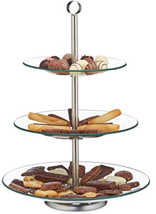 Relaxdays Etagere, 3 Etagen, rund, Cupcake, Keks, Obst, Muffin, Servierständer, Glas, Edelstahl, silber/transparent, 1 Stück