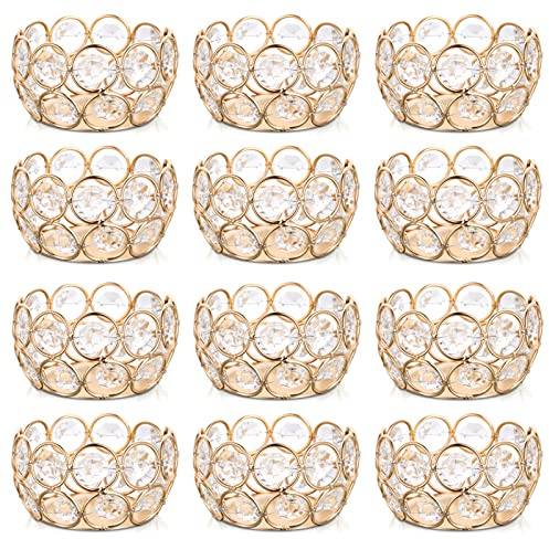 Sziqiqi Bougeoir de Cristal Lot de 12, Chandelier Supports pour Bougies Chauffe-Plat pour Table Deco Noel Mariage Fête Banquet Anniversaire Décor, 8cm, Bordure en Or Métal