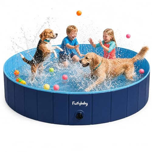 furrybaby Hund plaskdamm stor Xl, vikbar hundpool plaskdamm för hundar, valppool för trädgårdar med PVC, halkfri bas och dräneringsplugg, marinblå, 160 x 30 cm