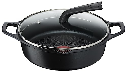 Lagostina Aroma Casseruola Bassa 2 Maniglie con Coperchio, Pentola in Alluminio Pressofuso Ø28cm, Pentola Induzione, Gas e Forno con Cottura Thermo-Signal, Rivestimento Titanium, Coperchio in Vetro