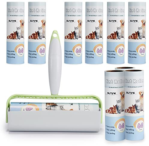 SUTINE Fusselrolle für Tierhaare, extra klebrig, 600 Blatt/10 Nachfüllpackungen, 16 cm, klebrige Rolle zum Entfernen von Fusseln, Tierhaaren, Staub in Möbeln/Kleidung/Teppich/Autositz, Grün