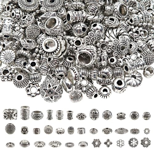 TOAOB 300 St 35 Stilar Silver distanspärlor Tibetanska Blandad Storlek Lösa Metallpärlor Mellanrumspärlor Vintage med Stora Hål för DIY Smyckestillverkning Armband Halsband Örhänge Hantverkstillbehör