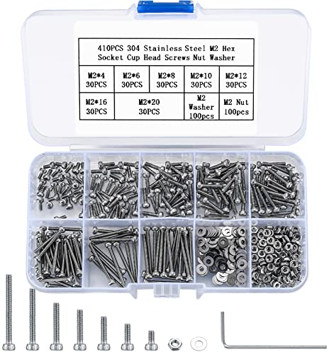 410 Piece M2 Hex Socket Screw Set, 304 Stainless Steel Hex Head Machine Screws Nuts and Washers Assortment with Allen Wrenches