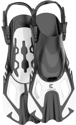 Khroom short fins adults / children size 32-47 | adjustable snorkel fins short | swim fins short fins for snorkelling | diving fins adjustable for swimming white 4,5-8
