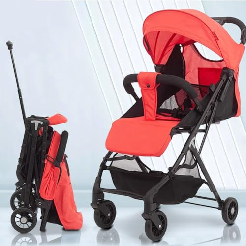 BAKAJI Passeggino Pro Ultra Leggero con Chiusura Facilitata Portata Massima 15 kg, Schienale Reclinabile con Cintura di Sicurezza a 5 Punti, Pieghevole con Una Mano, Salvaspazio (Rosso)