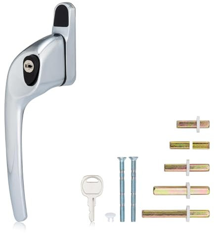 XFORT Cranked Locking Window Handle Installation Kit in Polished Chrome, Left Hand UPVC Window Handle Replacement, Offset Lockable Window Lever