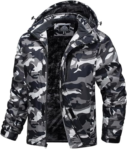 MAGCOMSEN Herren Wame Winterjacke Winddicht Fleece Softshelljacke Atmungsaktiv Wasserdicht Skijacke Snowboardjacke Multi Taschen Arbeitsjacke Schwarz Camo XL