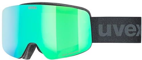 uvex pwdr FM - stylische, verspiegelte Skibrille mit weitem Sichtfeld und Anti-Fog-Beschichtung mit ausgewachsenen Features für Kinder - black matt/green-clear - one size