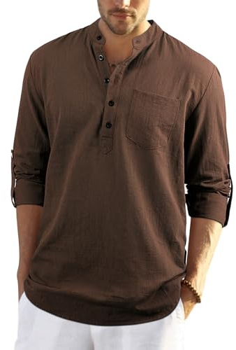Enlision Mens Brown Cotton Linen Shirts Long Sleeve Shirt Button Down Grandad Shirts Lightweight Casual Plain Tops for Men M