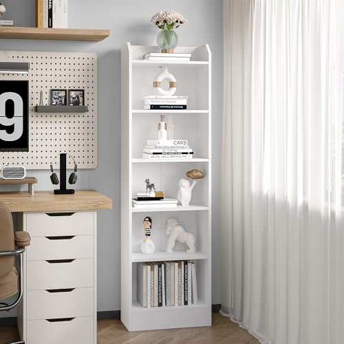 Hzuaneri Bücherregal, 6-stöckiges Standregale, Aufbewahrungsregal, Regal für Sammlerstücke, Verstellbare Paneele, für Wohnzimmer, Büro, 24 x 48 x 170 cm, Weiß 02903XBC