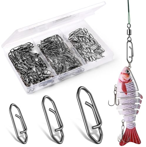 Annyswit 150 Pièces/3 Tailles Agrafes Rapides Haute Résistance pour Pêche, Connecteurs en Acier Inoxydable pour Eau Salée, Accessoires en Acier, Clips de Pêche Puissants, Changement Rapide Noir Nickel