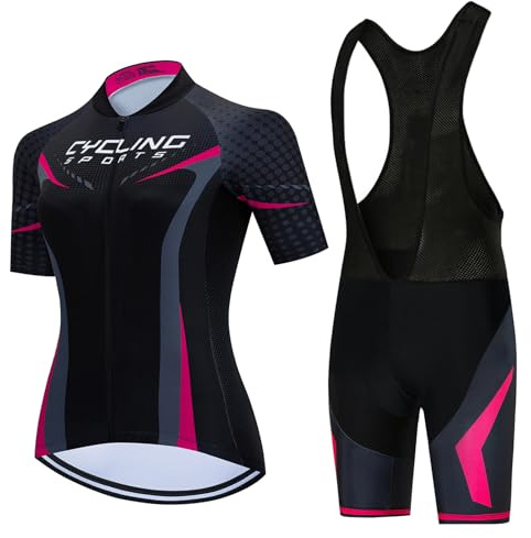 Vêtements Cyclisme Tenue Cycliste Femme Été,Maillot de Velo VTT Manche Courte MTB Jerseys et Cuissard à Bretelle avec 19D Coussin Gel,Ensemble Combinaisons de Cycling Respirant Séchage Rapide(14,M)