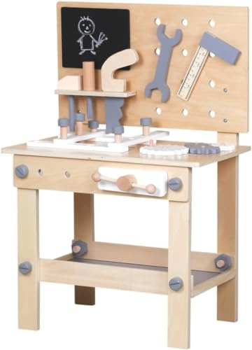 BLUEBRIT Kids Wooden Work Bench and Tools Play Set Sturdy Pretend Play Builder and Plumber Work Station with Over 25 Realistic Tools and Accessories for Creative Play, Educational Toy