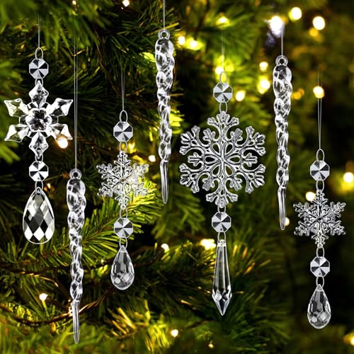 Kiiwah 12 stycken kristallsnöflingor ornament set, akryl julgransprydnad istapp idroppar, julgransprydnad hänge för jul fest bröllop juldekoration