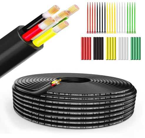 Wirelume 22AWG 5x0,3 mm² Elektrisk ledning 5-kärnig kabel 5V/12V/24V tvinnad PVC-strömkabel 10FT/3M Lågspänning förtent kopparkabel Rund mantel Tunnvägg fuktig rumskabel för LED-bilmarin