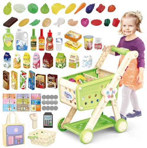 deAO Einkaufswagen für Kinder,Trolley Spielset Kaufmannsladen mit Vorgetäuschten Lebensmitteln und Zubehör Vorgetäuschtes Spiel und Rollenspiele für Jungen und Mädchen ab 3 | Grün