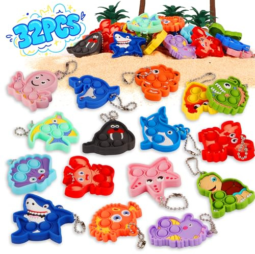 Ksmky 32PCS Sea Animal Pop Fidget Toys Bulk, Mini Pop Keychain,Party Favors for Kids, Goodie Bag Stuffers,Classroom Prizes,Treasure Box Toys