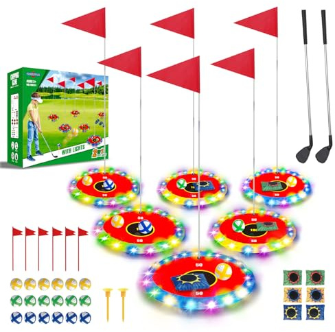 TERRAMUS Juego de golf luminoso para niños 2 en 1, juego de golf y lanzamiento, 16 pelotas, 2 raquetas, 6 objetivos iluminados, juego de juego para interior y exterior, regalo de 3 a 8 años
