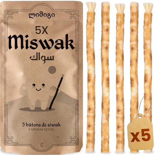 MODOGO Siwak x5, Bâton de Miswak en Bois d'Araq (Salvadora Persica), Brosse à Dents Naturelle, Nettoyante, Désinfectante, Blanchissante et Végan