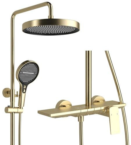 Or Brossé Colonne de Douche avec Mitigeur Monocommande, Hauteur Réglable Ensemble de Douche avec 4 Jets Douchette Système de Douche 32.5cm Pommeau de Douche, Bec Cascade