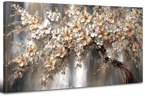 Arbre de Vie Impressions sur Toile Grand 50x100 cm Art mural Décoration Tableaux pour le mur Décoration de chambre Peinture sur toile Décoration murale Salon Fleurs Blanc Or Beige Art Mural Luxe