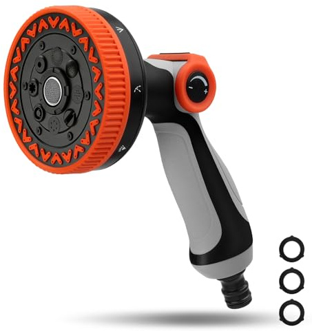 BIBURY Pistola de Riego 9 cm XL con Control de Pulgar, Pistola Manguera Jardín Alta Presión 8 Modos de Pulverización, Boquilla Ergonómica para Riego Césped, Lavado Coche y Ducha Perros
