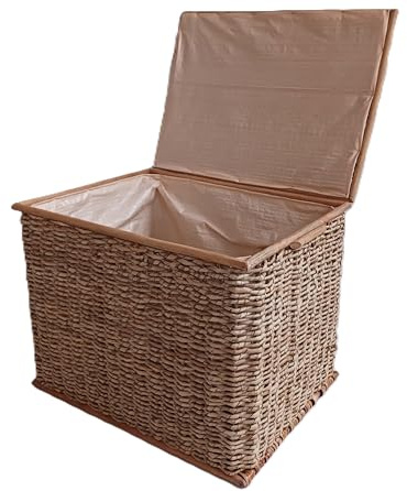 Cesto Baule Porta Biancheria in Cordoncino di Banano con struttura in robuste canne di Rattan Cm 64X47X50 H Contenitore Salvaspazio con Coperchio per Bagno, Camera e Lavanderia