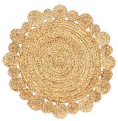 Divine Handicrafts Cosmos Flower Round Jute Rug (80 cm) | Handmade Boho Area Floor Mat with Floral Border for Living Room, Bedroom & Kitchen