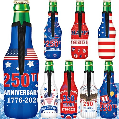 FoldTier 8 Pcs 250th Anniversary Beer Sleeves with Zipper 7'' x 3'' US 1776-2026 Bottle Jacket 4th of July Patriotic Decor Red White Blue Beer Sleeves for Independence Day Party Favors (250 Years)