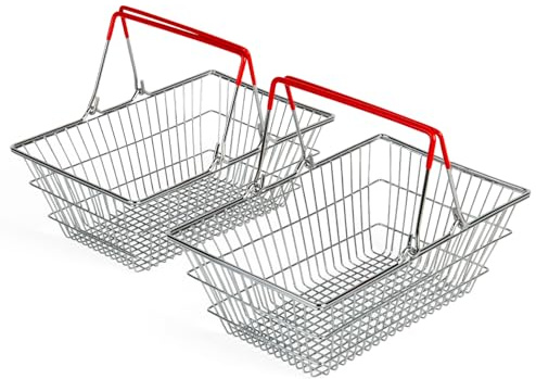 Bigjigs Toys Shopping Baskets | Set of 2 Realistic Metal Grocery Shop Toy | Comes with Small Collapsible Red Handles for Easy Storage | Accessories for Pretend Play | Toddler Gifts for Age 3+