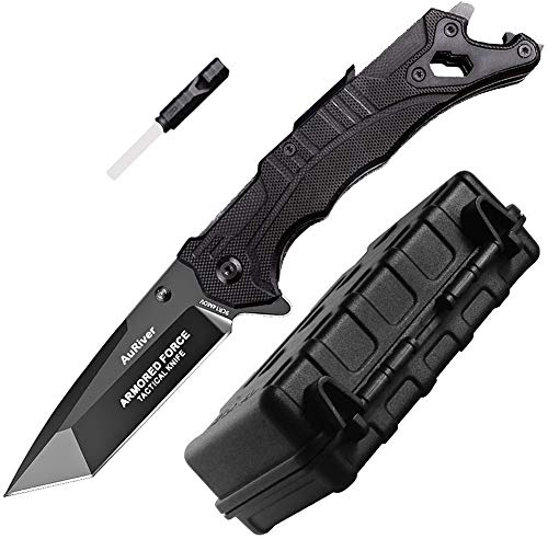 AuRiver Navaja Plegable Profesiona,Survival Navaja Plegable Multifuncional Supervivencia,para Acampar Acero Inoxidable con Mango G10 de Revestimiento de óxido,con Fuego Pedernal y Silbato