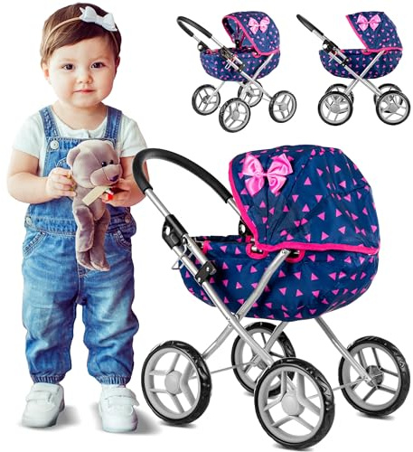 Kinderplay Poussette pour Poupée à partir de 2 Ans - Bleu Marine, Poussette de poupée - Construction légère et Stable - Hauteur 54 cm - Jouet d'extérieur, KP0260T