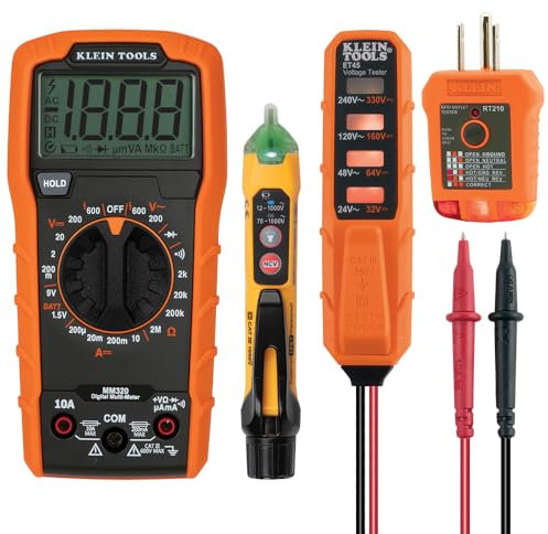 Klein Tools MM320KIT Digital Multimeter Electrical Test Kit, Non-Contact Voltage Tester, Receptacle Tester, Carrying Case and Batteries