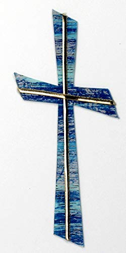 Wachsmotiv Kreuz blau silber, multicolor mit goldfarbigen Wachsstreifen 11 x 5 cm - Wachsornament Kreuz, Wachsdekore für Kerzen - 9680 - zum Kerzen gestalten und basteln.