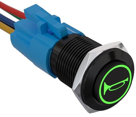 APIELE 16 mm tillfällig signalknapp tryckbrytare 12 V, med LED vattentät tillfällig tryckknappsbrytare med förkopplad kontakt 16 mm hornomkopplare (svart skal/grön LED)
