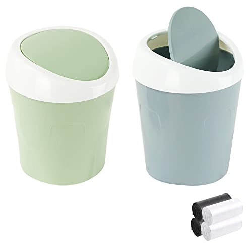 SITAKE 2 Pcs Plastic Mini Wastebasket Trash Can with 120 Trash Bags, Tiny Desktop Waste Garbage Bin with Swing Lid for Home, Office, Kitchen, Vanity Tabletop, Bedroom, Bathroom (Blue + Green)