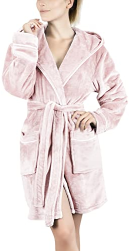 Gräfenstayn Bademantel Damen flauschig mit Kapuze - Kuschelfleece - Öko-Tex Standard 100 - Morgenmantel leicht & kurz - Größe (L, Rosa)