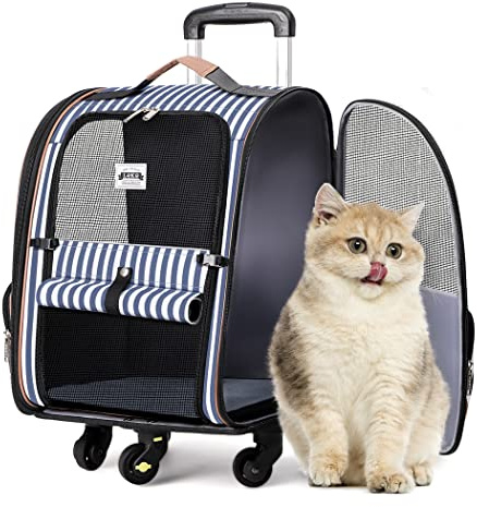 Lekespring Transportin Gato con Ruedas y Varilla Telescópica | Mochila Perro Transpirable y Impermeable - Transportin Perro con Arnés Interno - Mochila Gato Carga Máxima 8kg - Maleta Trolley Rayas