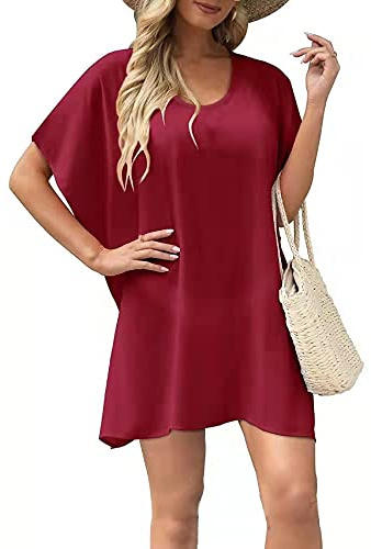 HSAJS Robe Plage Femme Tunique Ample Col V Beachwear Été Bohème Jupe de Bain Couvrir Maillot Léger Robes Ete Vacances Bord de Mer Cache Maillots Sarongs Vêtement Plage