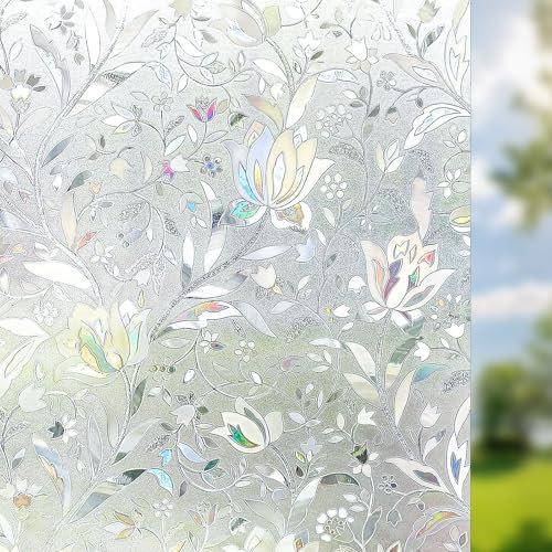 Qualsen Window Film Privacy Film for Glass Windows Rainbow 3D Tulip Patterned Stained Glass Window Film Frosted Opaque Removable Self Adhesive Static Cling Decoration Glass Film for Home, 30 x 200cm