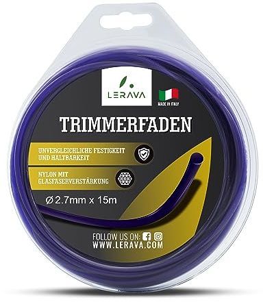 LERAVA® Rasentrimmer Faden 2,7mm - ⌀2.7mm x 15m – Mähfaden aus Nylon mit Glasfaserverstärkung - Robuster und Langlebiger Trimmerfaden - 100% Made in Italy