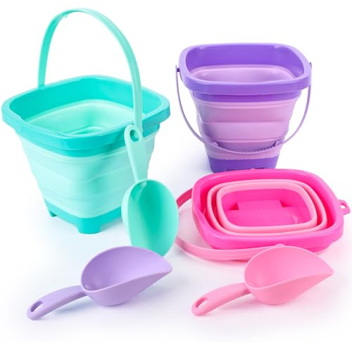 Shindel 3 PCS Collapsible Bucket Set, Foldable Beach Buckets with Shovels, Travel Sand Toys for Kids Outdoor, Beach Vacation Essentials, Camping Traveling, Fun Summer Activities