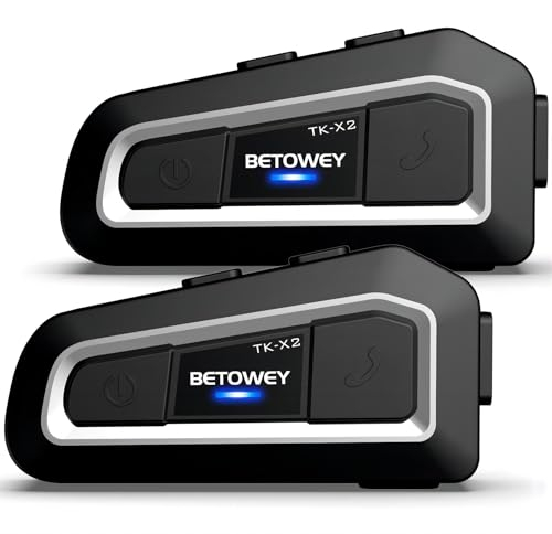 BETOWEY Interfono Moto Bluetooth Coppia TK-X2 Auricolari Moto Casco con Cancellazione del Rumore, Distanza 1KM, Radio FM, Sistema di Comunicazione Moto Universale