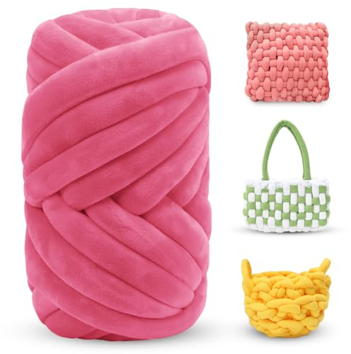 LEREATI Thick Chunky Yarn for Arm Knitting Jumbo Tube Soft Chunky Knit Blanket Velvet Yarn for Crocheting Handbags Hand Knitting Pet Bed Rugs Pillows Crafts (250g, Peach Red)