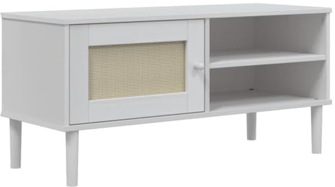 vidaXL TV Cabinet Unit Stand SENJA - White, Rattan Look, Pine Wood, 106x40x49 cm, Living Room/Bedroom Modern Style
