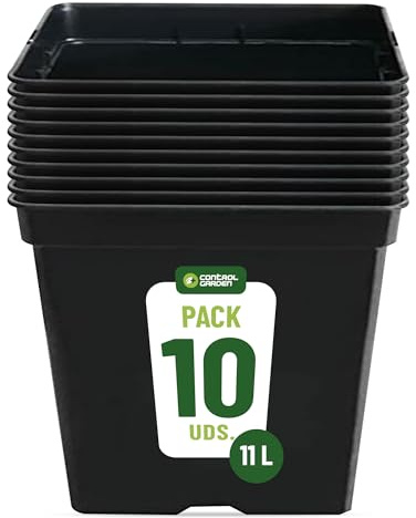 Control Garden Pack 20 Macetas Cuadradas para Plantas Negra 11 L - Maceteros de Plástico para Flores - Tiesto para Cultivos Resistente