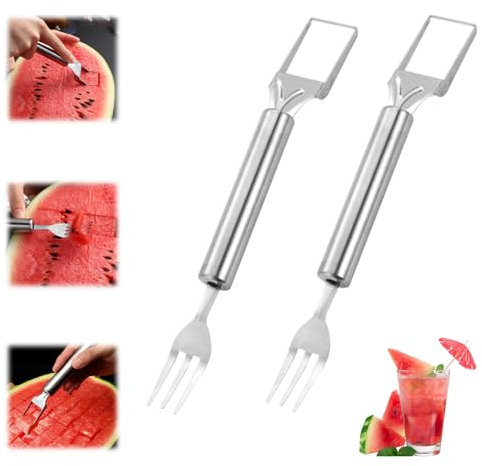 Graplan 2-in-1 Obstschneider aus Edelstahl 2 Stück Wassermelonen Schneider, Doppelkopf-Obstgabeln-Schneidemesser, Wassermelonengabel-Schneidewerkzeug, Sommer Wassermelonen-Fruchtschneidegabel