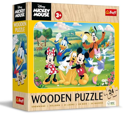 Trefl - Träpussel: Disney, Mickey med vänner - 24 bitar, pusselspel Wooden Puzzle, Dekorativt mönster på baksidan, för barn från 3 år