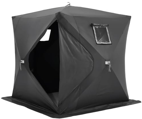 VEVOR Abri de Pêche sur Glace, 2,3 x 2,3 x 2 m, Tente de Pêche Escamotable Portable pour 3 à 4 Personnes, Tissu Oxford 300D Étanche, avec Ancres, Cordes, Sac de Transport, pour Pêche Hivernale, Noir